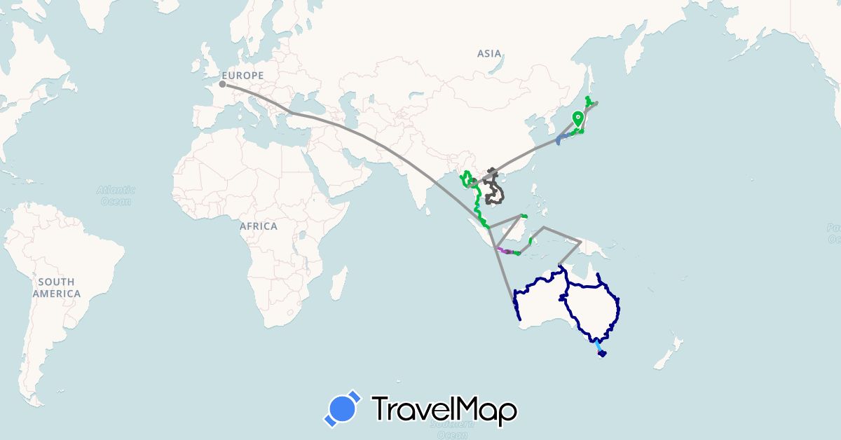 TravelMap itinerary: driving, bus, plane, cycling, train, hiking, boat, motorbike in Australia, France, Indonesia, Japan, Cambodia, Laos, Myanmar (Burma), Malaysia, Singapore, Thailand, Turkey, Vietnam (Asia, Europe, Oceania)